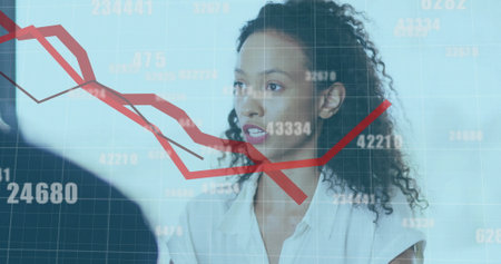 Image of red lines and data processing over diverse business people in office. Global business, finances, computing and data processing concept digitally generated image.の写真素材