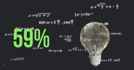 Image of lightbulb and percent over mathematical data processing. Global science, research, computing and data processing concept digitally generated image.の写真素材