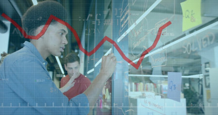 Image of red line and data processing over diverse business people in office. Global business,...