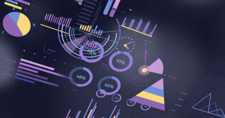Image of graphs, changing numbers, loading circles and bars over black background. Digitally...