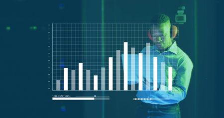 Image of data processing over african american male it technician working by computer servers. Global business, finances, computing and data processing concept digitally generated image.の写真素材