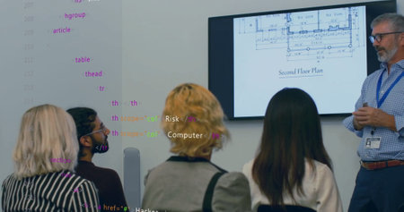 Image of financial data processing over diverse business people in office. Global finance, business,...