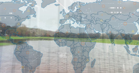 Image of multiple graphs and map, aerial view of flying birds over lake against sky. Digital composite, multiple exposure, report, business, animal, global and technology concept.の写真素材