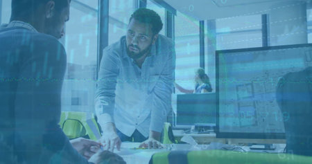 Image of financial data processing over diverse architects having meeting in office. Business,...