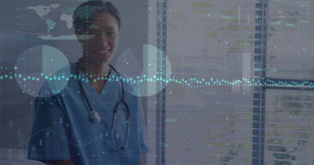 Image of data processing over biracial female doctor. Global medicine, connections, computing and...