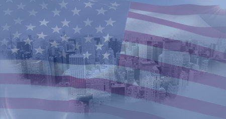 Image of waving usa flag against 3d city model. Patriotism and architectural engineering technology...
