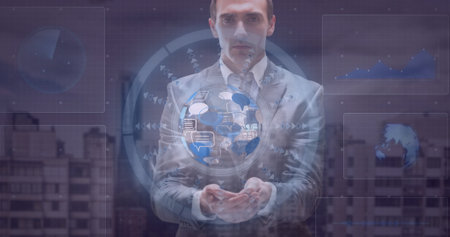 Image of data processing over caucasian businessman. Global business and digital interface concept digitally generated image.の写真素材