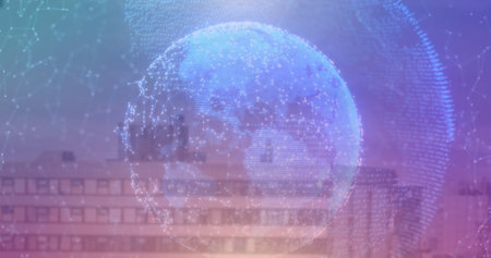 Image of digital interface and data processing over cityscape. Global science, connections, data processing and digital interface concept digitally generated image.の写真素材