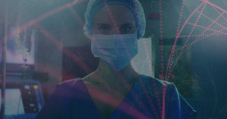 Image of dna strand over female surgeon in face mask. global medicine, technology, data processing...