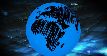 Image of data processing and binary coding over world map. global computing, business, finance and data processing concept digitally generated image.の写真素材