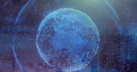 Image of data processing over city. Global business and digital interface concept digitally generated image.の写真素材