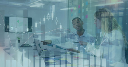 Image of financial data processing over diverse business people in office and cityscape. global...