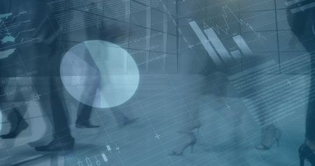 Image of financial graphs over timelapse with legs of diverse businesspeople walking in office....