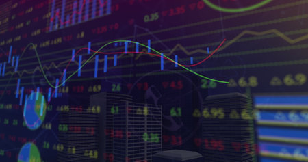 Image of data processing and city on blue background. global business, finances, connections and digital interface concept digitally generated image.の写真素材