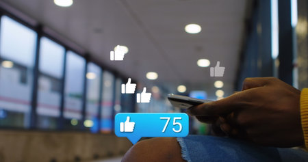 Image of digital icons over man using smartphone. Global social media digital interface technology...