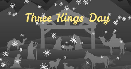 Image of three kings day text over snow falling and nativity scene. epiphany, tradition and celebration concept digitally generated image.の写真素材