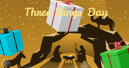 Image of present icons and three kings day text over nativity. three kings day concept digitally generated image.の写真素材