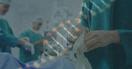 Image of dna strand over surgeons in face masks. global medicine, technology, data processing and digital interface concept digitally generated image.の写真素材