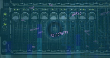 Image of data processing over server room. global business, finances, connections and digital...