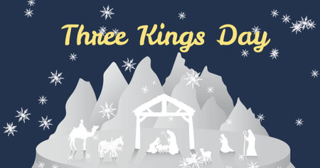 Image of three kings day over falling snow and nativity scene. christmas, winter, tradition and celebration concept digitally generated image.の写真素材