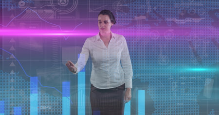 Image of data processing and digital human over caucasian female student. Global business connections digital interface and technology concept digitally generated image.の写真素材