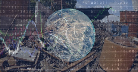 Image of globe with network of connections over warehouse. Global shipping delivery and connections concept digitally generated image.の写真素材