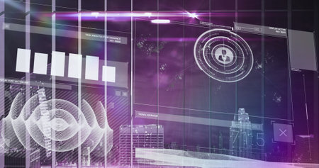 Image of light over digital screen with diverse data. Digital interface, data processing and...