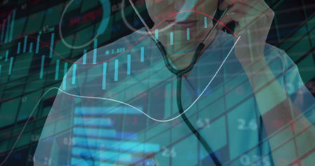 Image of financial data processing over caucasian female doctor. Global medicine, business, connections, computing and data processing concept digitally generated image.の写真素材