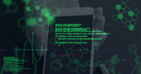 Image of financial data processing over payment terminal. Global connections, data processing and digital interface concept digitally generated image.の写真素材