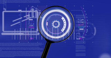Image of financial data processing and magnifying glass over navy background. global connections, business, digital interface, technology and networking concept digitally generated image.の写真素材