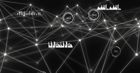 Image of network of connections with glowing nodes over black background. Global connections,...