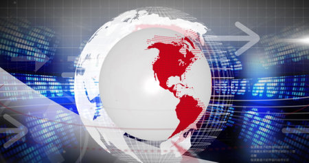 Image of globe with arrows over financial data processing. global business, data processing and...