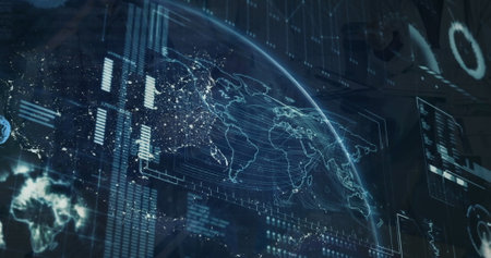 Image of globe and network of connections with icons over blue background. Global business digital...