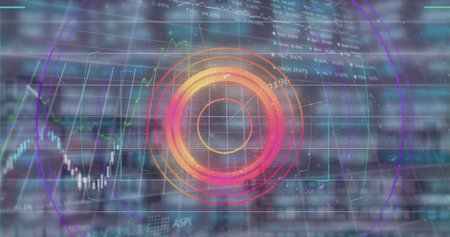 Image of digital interface and data processing over cityscape. Global science, connections, data processing and digital interface concept digitally generated image.の写真素材