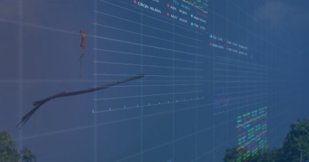 Image of financial data and graphs over machines on junkyard. economy, finance, recycling and waste...