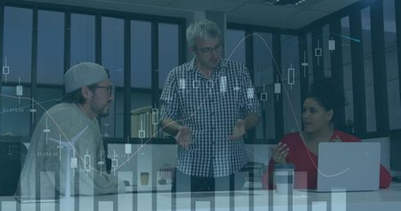 Image of statistics and data processing over man using smartphone. Global business connections...