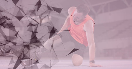 Image of geometrical shapes over caucasian male with running blade suffering at training. professional runner training at sports stadium.の写真素材