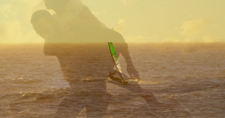 Image of landscape with ocean over african american couple embracing at beach. ocean day and celebration concept digitally generated image.の写真素材