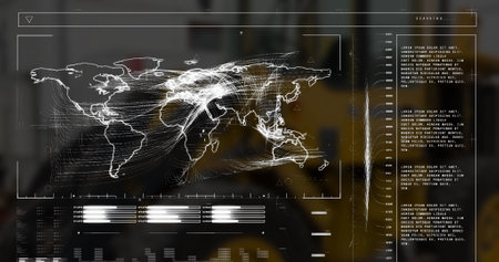 Image of data processing over warehouse. Global business and digital interface concept digitally...
