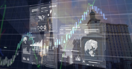 Image of data processing over cityscape. Global finance, business, connections, computing and data...