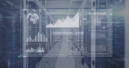 Image of digital screen with data processing over servers. Network, computers, data processing and...