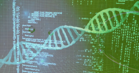 Image of data processing over bubbles and dna strand on green background. Science, medicine and...