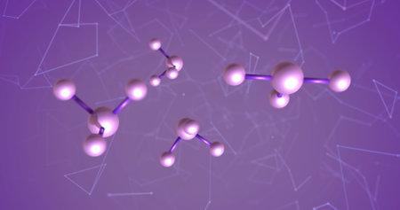 Image of molecules and network of connections on purple background. Global science, research, computing and data processing concept digitally generated image.の写真素材