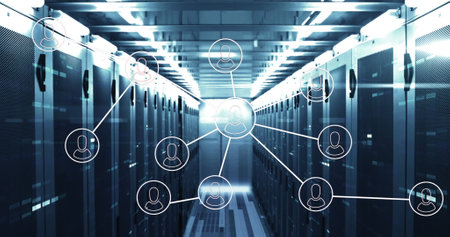 Image of network of connections over data processing and computer servers. Global connections and...