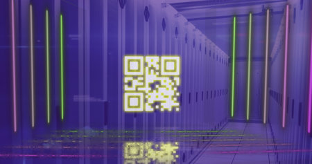 Image of data processing and qr code over computer servers. Global connections, computing, digital interface and data processing concept digitally generated image.の写真素材