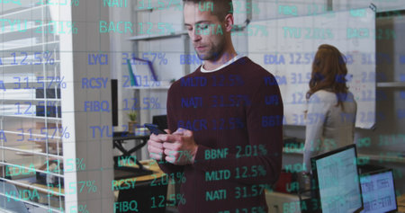 Image of data processing over caucasian business people in office. Global business, finances and...