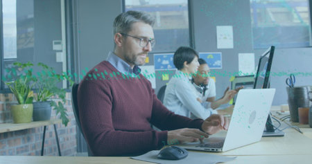 Image of financial data processing over diverse business people. Global business, finances and...