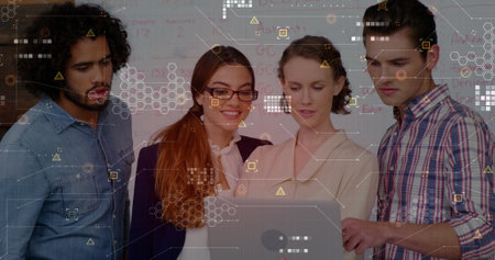 Image of data processing over business people in office. Global business, finance, computing and...