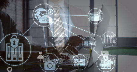 Composition of network of connections with icons over caucasian man wearing vr headset. Global networks connections data processing and digital interface concept digitally generated image.の写真素材