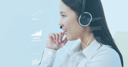 Image of financial data processing over asian businesswoman. Global business, finances and digital...